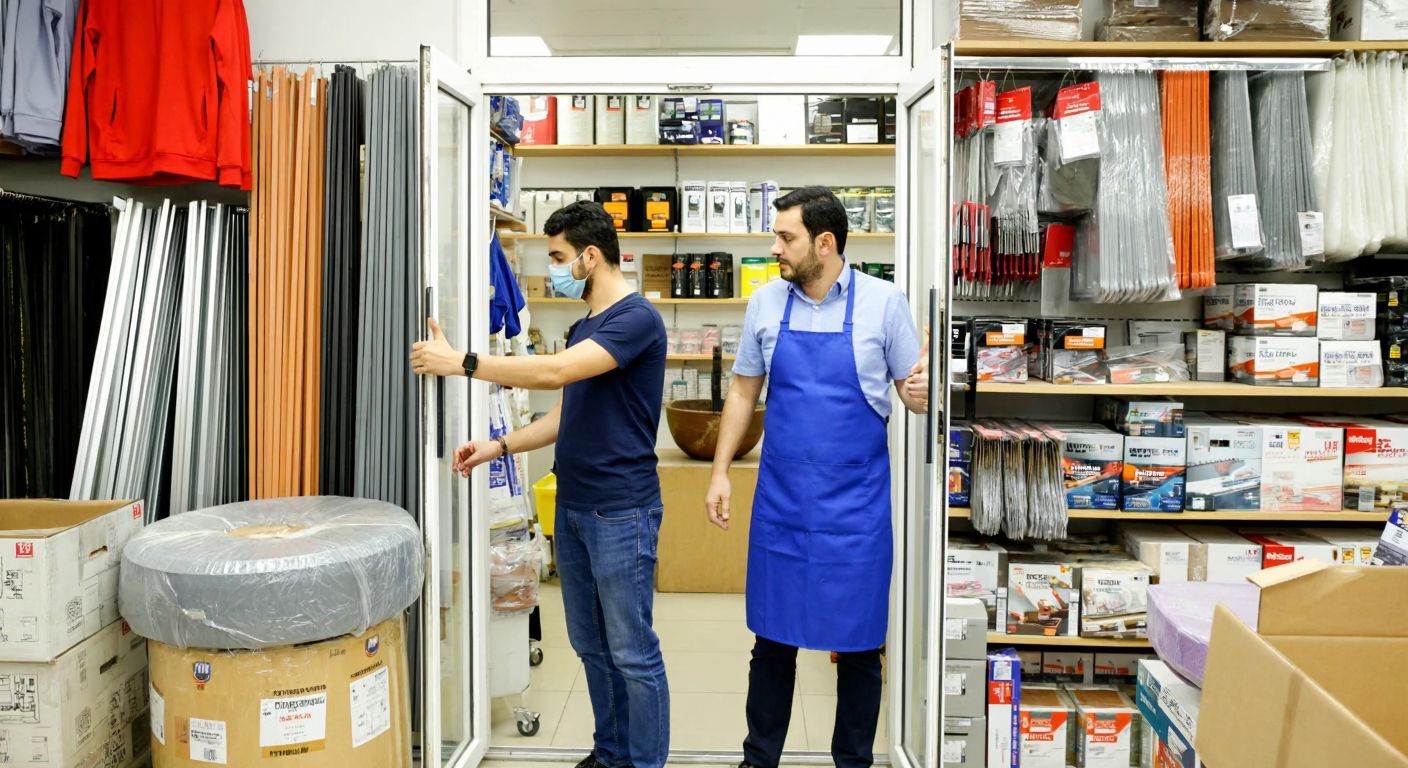 A bustling Turkish hardware store with shelves filled with furniture accessories, construction tools, and packaging materials, while a shopkeeper in a blue apron assists a customer holding a door handle.