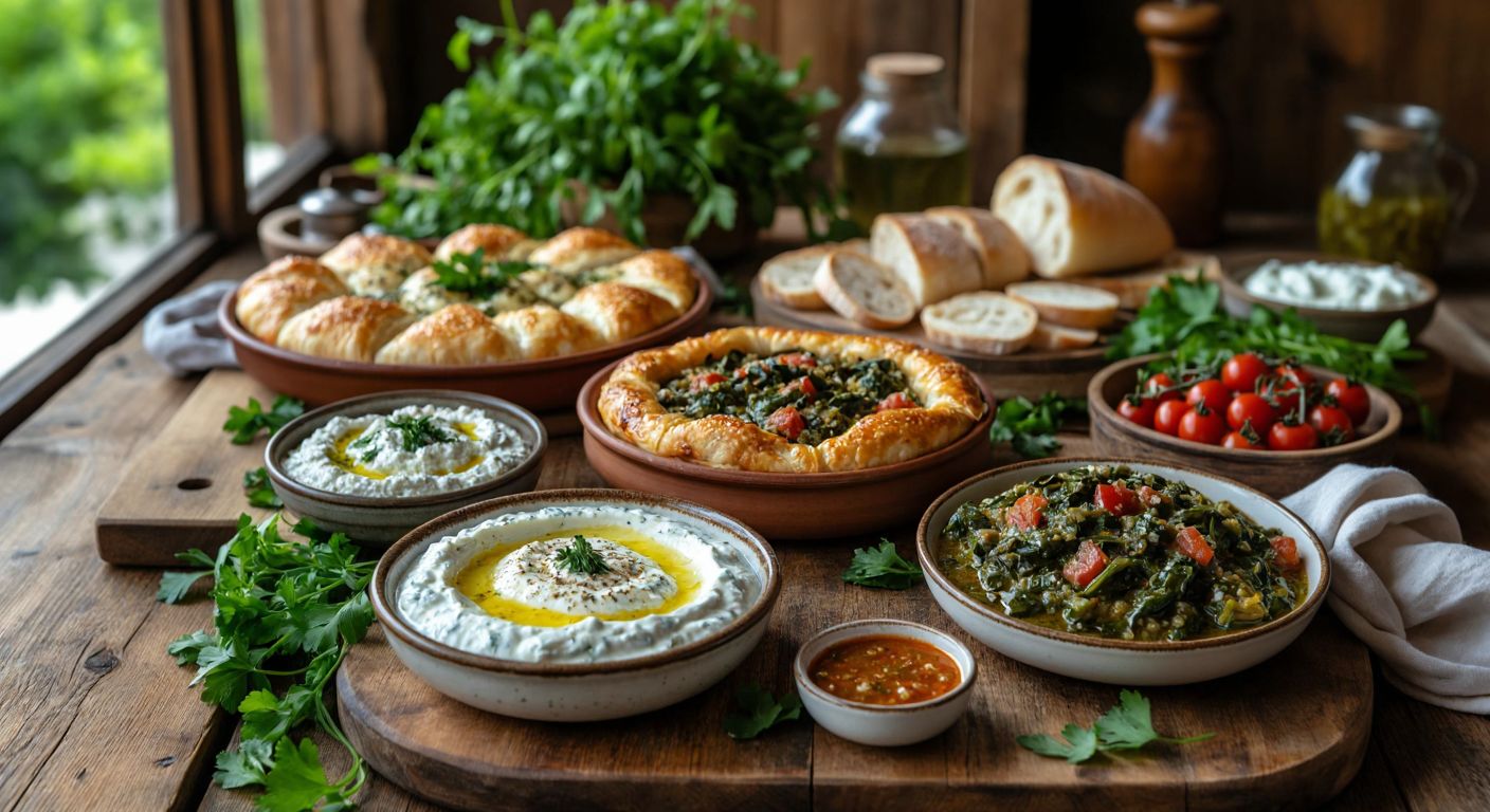 A rustic wooden table in a Turkish kitchen is laden with a spread of dishes featuring cheese and yogurt—freshly made süzme peynir in a small bowl, a golden börek with cheese filling, a vibrant semizotu yemeği drizzled with yogurt, and a plate of mezze with creamy dips, surrounded by fresh herbs and warm bread.