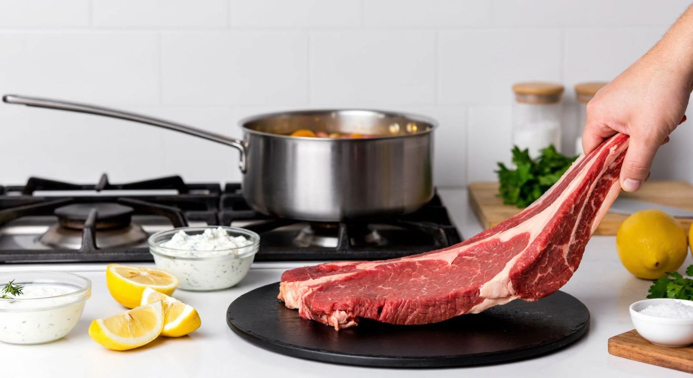 A Turkish kitchen counter with a piece of marinated beef being tenderized with a mallet, surrounded by bowls of yogurt, lemon slices, and salt, with a pot simmering on a stove in the background.