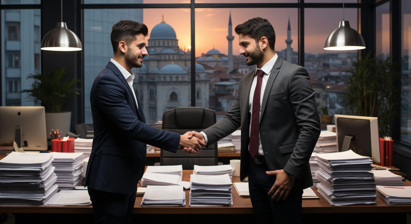 A young professional in a sleek office in Istanbul, looking both stressed with stacks of documents and confident while shaking hands with a mentor, surrounded by a mix of modern workspaces and traditional Turkish tea cups.