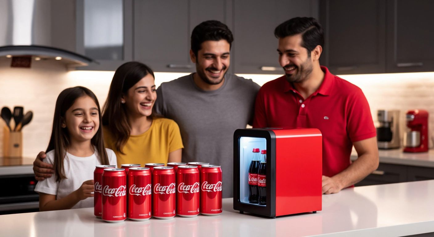 A cheerful Turkish family in a bright kitchen smiles as they stack twelve red Coca-Cola cans on a counter, with a small, sleek Coca-Cola-branded mini-fridge placed proudly beside them.