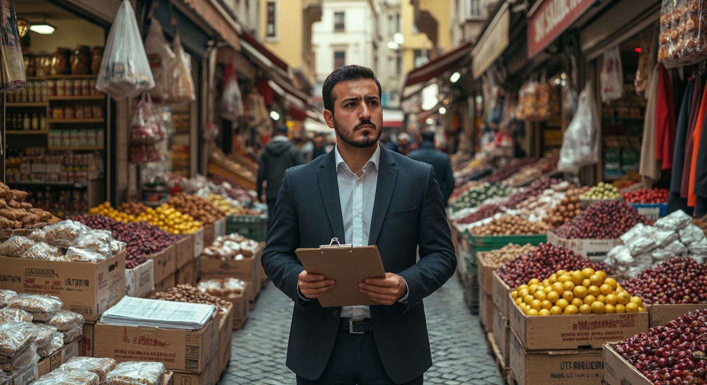 A Turkish businessman in a formal suit stands thoughtfully in a bustling Istanbul bazaar, holding a clipboard with unsigned papers, surrounded by crates of goods and vendors negotiating deals.