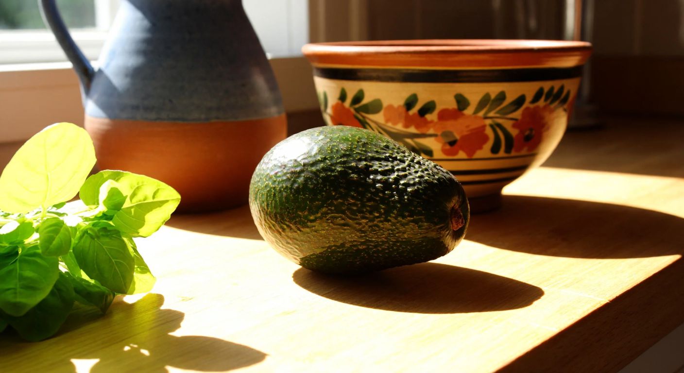 A ripe green avocado resting on a sunlit wooden kitchen counter in Turkey, with a traditional ceramic bowl and fresh herbs nearby, evoking patience and natural ripening.