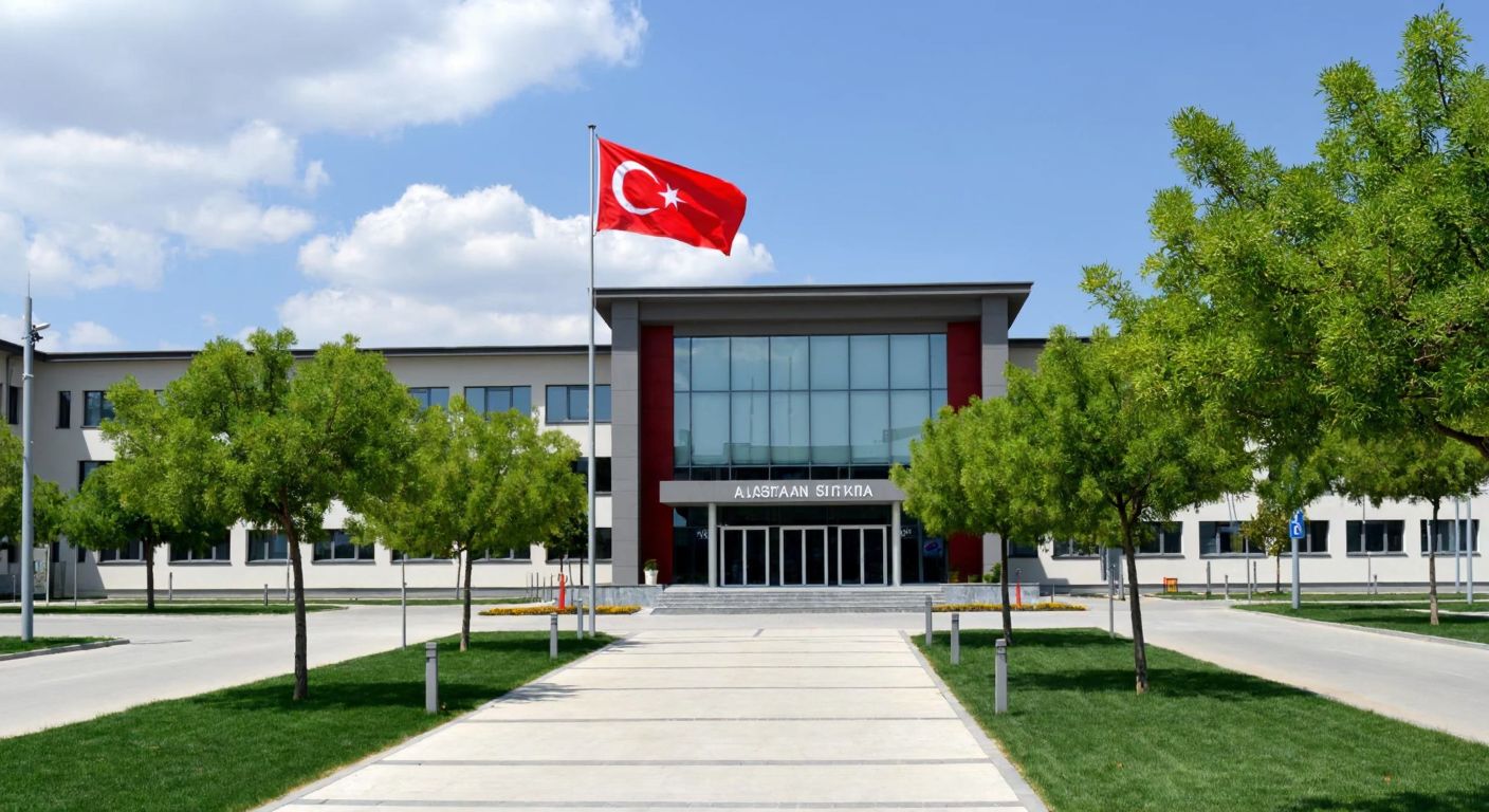 A modern school building with a Turkish flag flying in front, surrounded by neat sidewalks and green trees, located on a quiet street in Ankara's Atakent neighborhood.