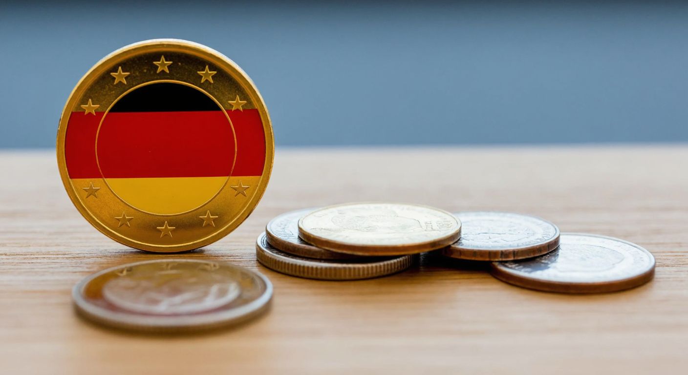 A golden euro coin with a German flag motif rests on a wooden table beside a small pile of older Deutsche Mark coins, symbolizing the transition in currency.