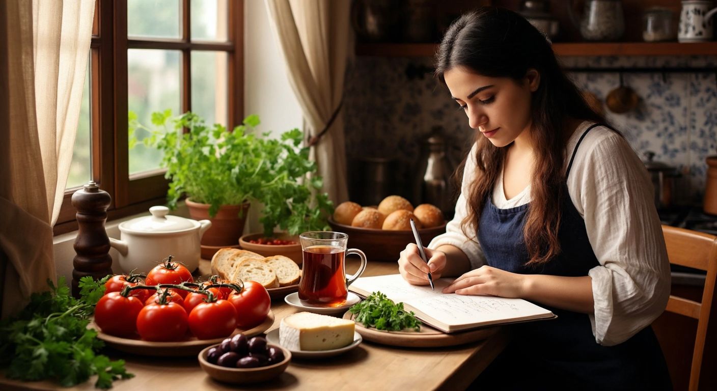 A Turkish woman in a cozy kitchen carefully writes in a notebook while surrounded by fresh ingredients like tomatoes, olives, cheese, and bread, with a steaming cup of çay on the table.