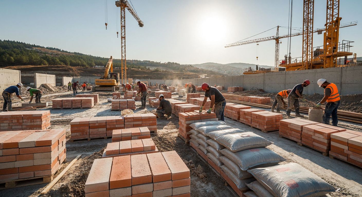 A bustling Turkish construction site with workers laying bricks, stacks of ceramic tiles and bags of cement under a bright sun, symbolizing the industrial activity behind the stone and soil sector index.