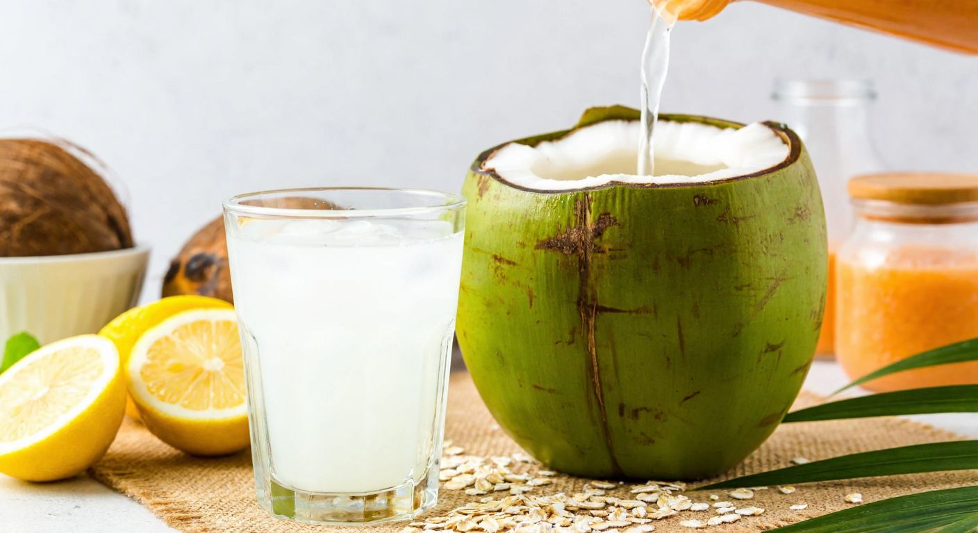 A fresh green coconut cracked open with its clear water being poured into a glass, surrounded by slices of lemon, a bowl of oatmeal, and a tropical smoothie in a vibrant setting.