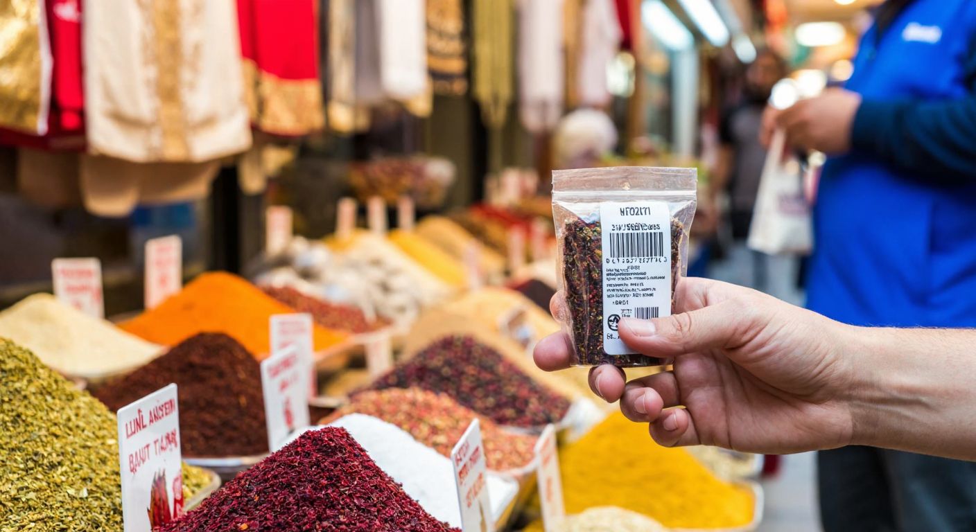 A hand holding a product with a barcode in a bustling Turkish market, surrounded by colorful local goods like spices and textiles, with a vendor in the background checking a similar item.