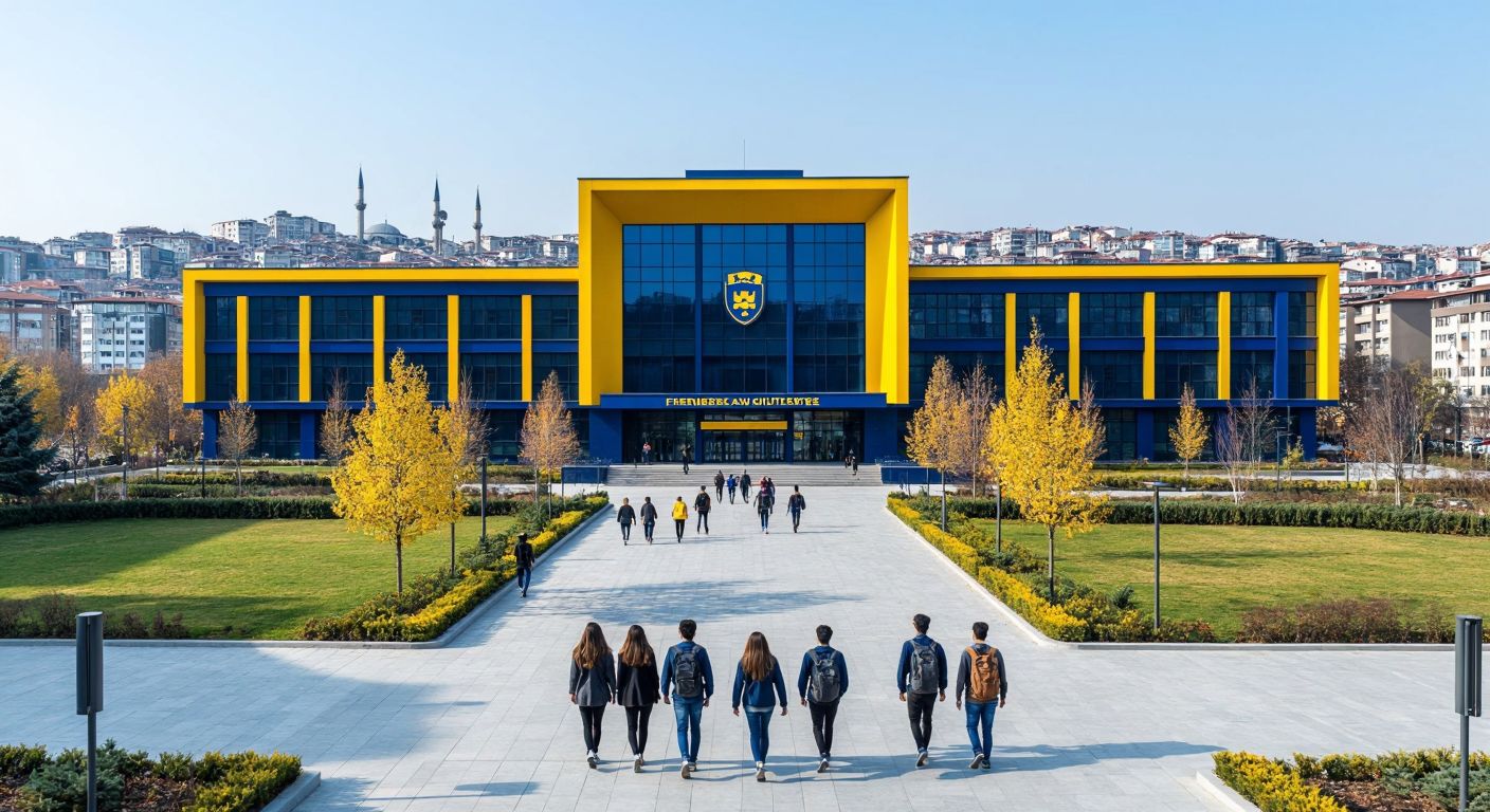 A modern university building with Fenerbahçe's yellow and navy blue colors, set against the Istanbul skyline, with students walking confidently toward the entrance.