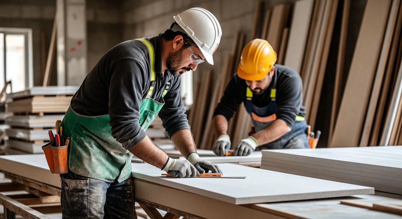 A skilled Turkish plasterboard craftsman in a construction site, carefully measuring and cutting a board with precision tools while wearing safety gear, surrounded by neatly stacked materials and a satisfied homeowner observing his work.