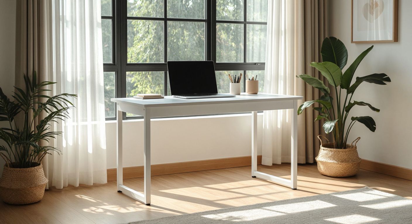 A sleek white study desk with a smooth particleboard surface and sturdy metal legs, placed in a bright Turkish home office with warm sunlight streaming through sheer curtains.
