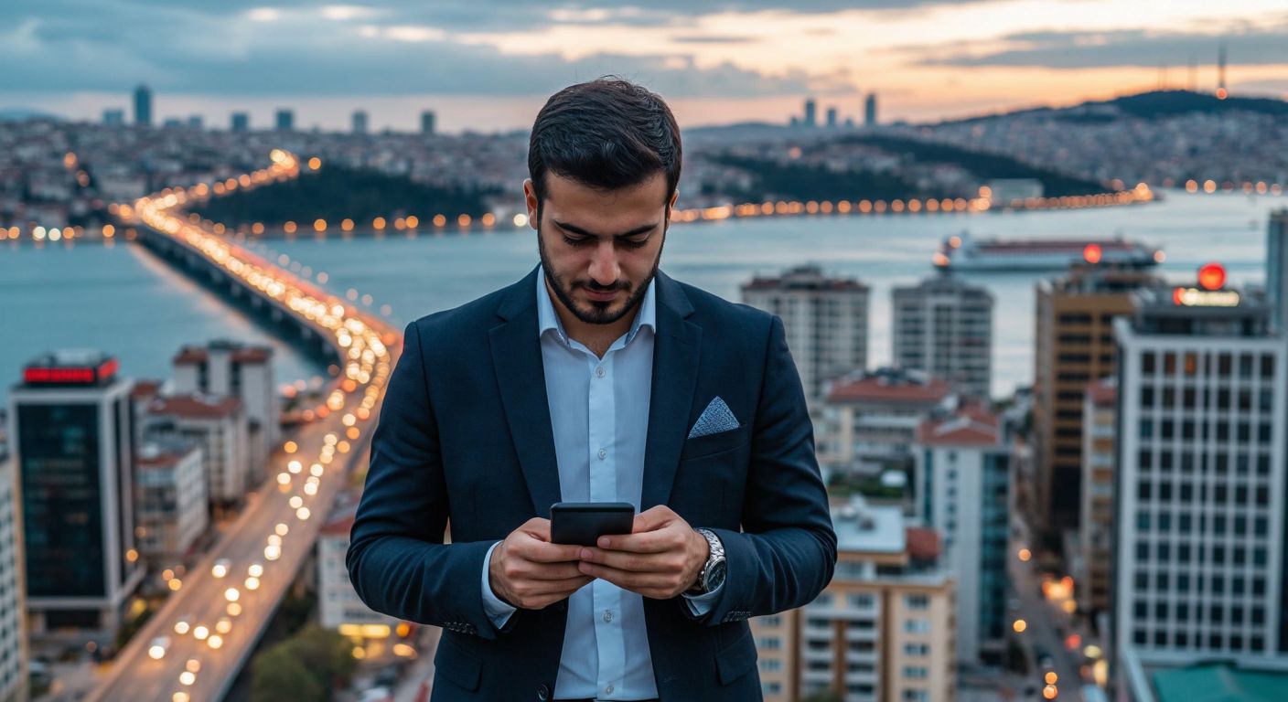 A modern Turkish investor in a business suit confidently checks stock market trends on a sleek smartphone while standing in a bustling Istanbul financial district, with the Bosphorus Bridge visible in the background.