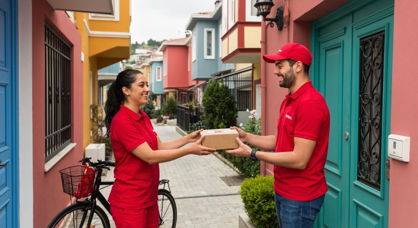 A smiling delivery person in a red uniform hands a small package to a happy customer at their doorstep, with a colorful Turkish neighborhood and a bicycle with a delivery box in the background.