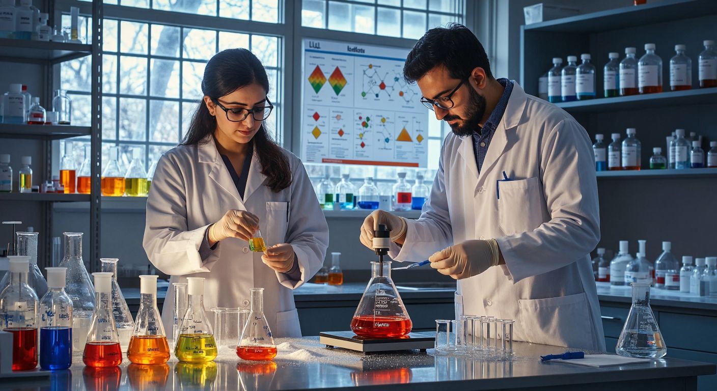 A Turkish chemistry lab with two scientists in white coats—one examining colorful liquid samples (qualitative analysis) and the other using a precision scale with powdered substances (quantitative analysis), surrounded by glassware and a periodic table poster in the background.  

(Note: The periodic table poster would be implied by its distinctive grid pattern without visible symbols/letters.)
