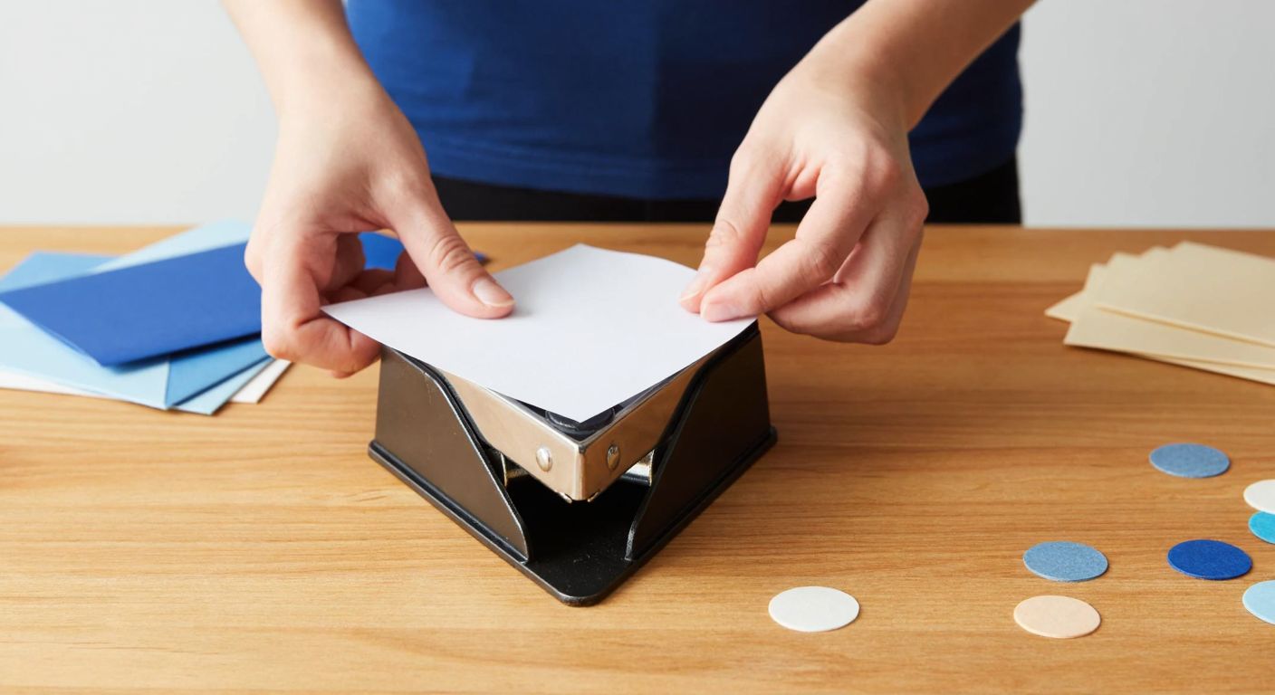 A person’s hands carefully aligning a sheet of paper into a small metal corner-rounding tool on a wooden desk, with neatly rounded paper scraps scattered nearby.