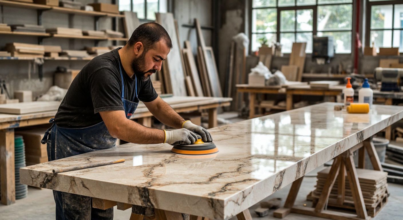 A skilled Turkish craftsman in a workshop carefully polishing a glossy marble countertop, surrounded by slabs of natural stone and granite, with tools and materials neatly arranged in the background.
