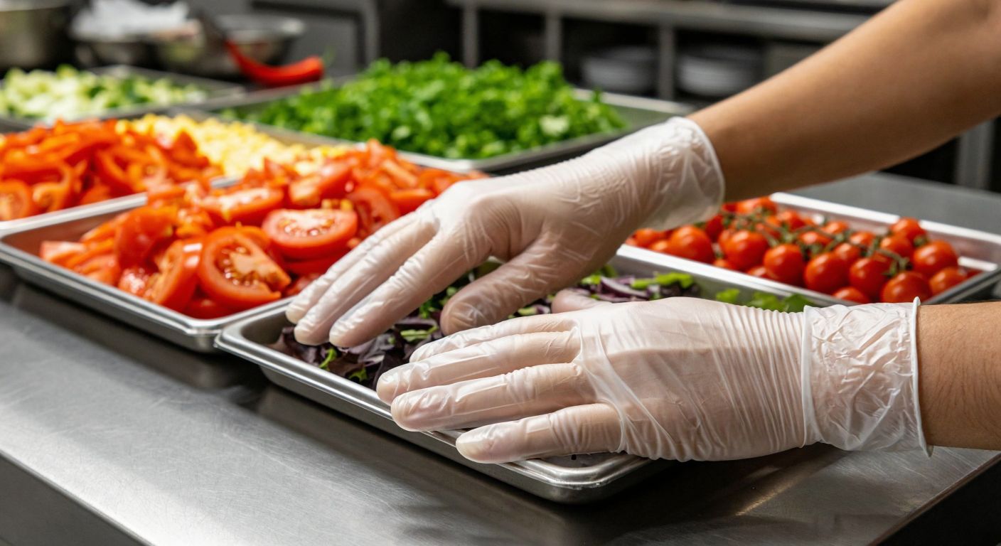 A close-up of three transparent disposable gloves—one made of polyethylene (smooth and crinkly), one of vinyl (slightly glossy), and one of nitrile (matte and stretchy)—laid side by side on a stainless steel counter in a Turkish restaurant kitchen, with a tray of freshly chopped vegetables in the background.