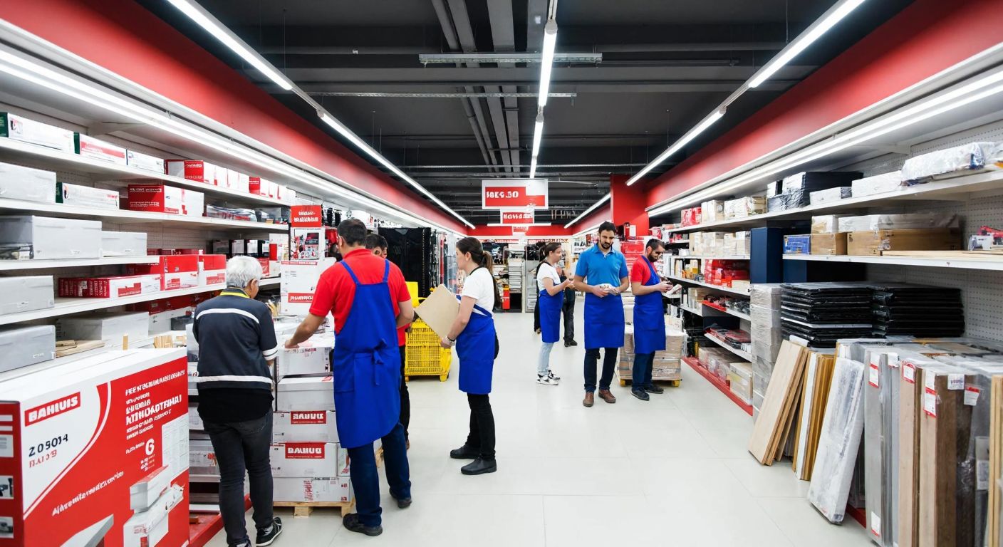 A bustling Bauhaus hardware store in Turkey with employees in blue aprons assisting customers amid shelves of tools and building materials, under bright fluorescent lights.