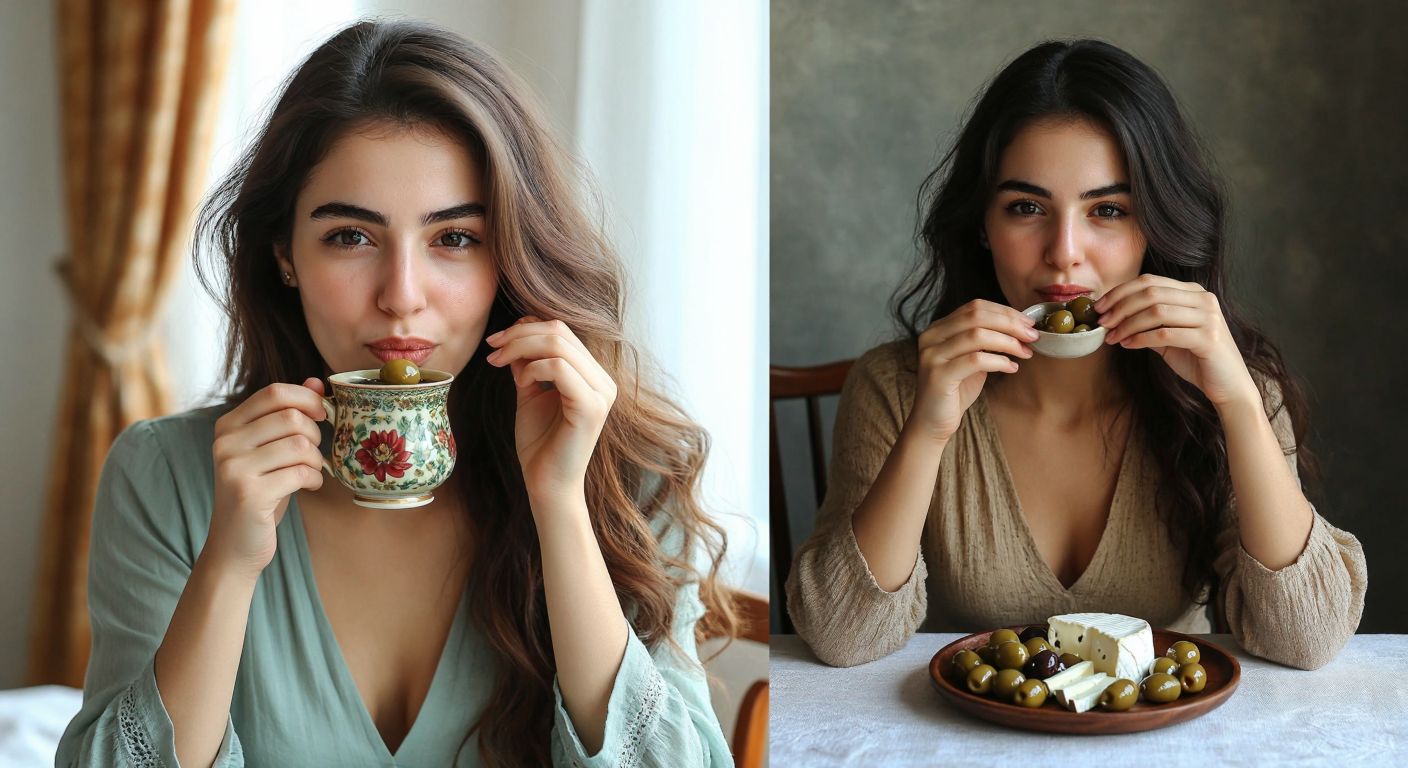 A split image showing a Turkish woman drinking herbal tea during a 16-hour fasting period on one side, and on the other side, the same woman enjoying a small plate of olives and cheese on a restricted 500-calorie day.