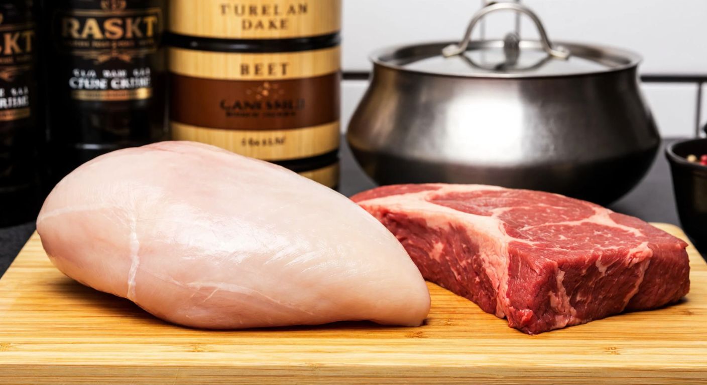 A plump, skinless chicken breast resting on a wooden cutting board next to a piece of marbled beef, with a rustic Turkish kitchen backdrop and a steaming pot in the background.
