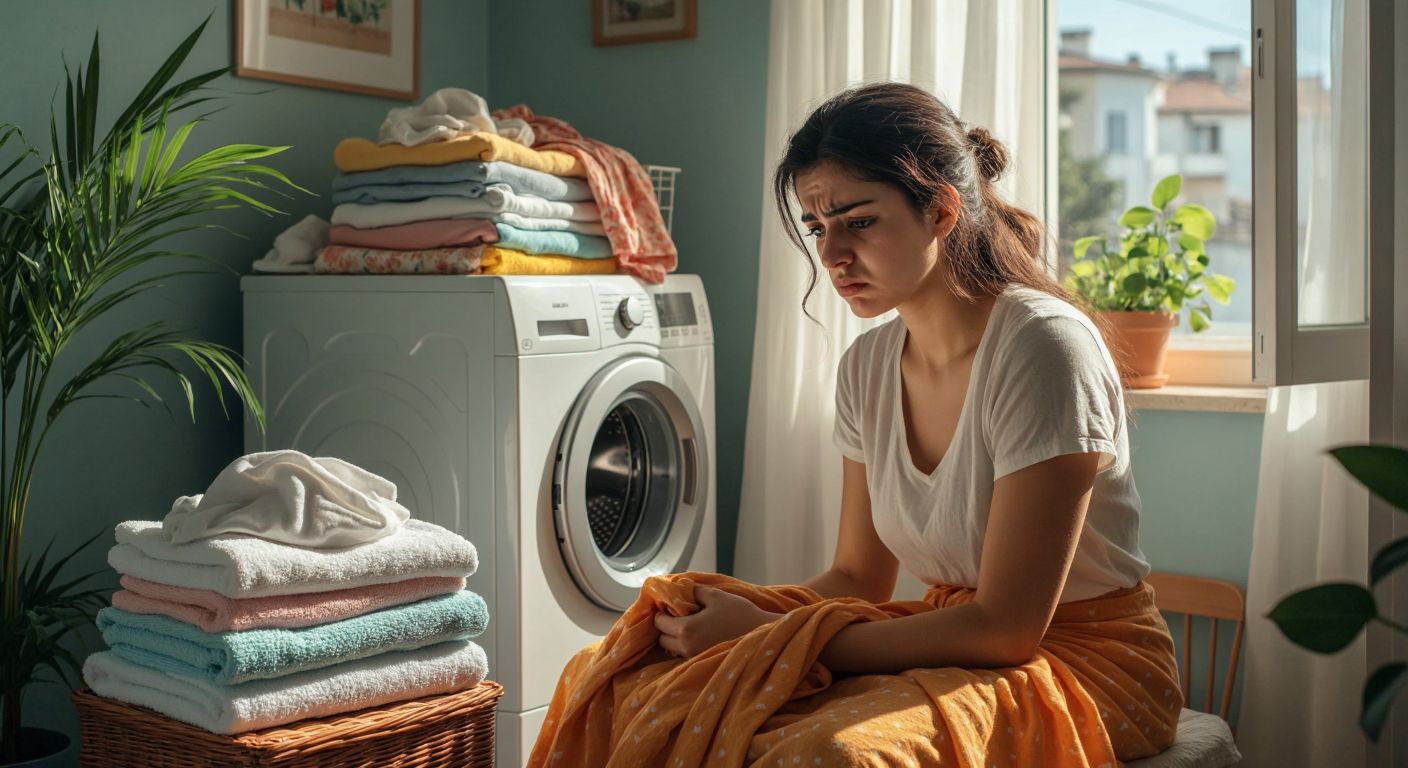 A Turkish woman in a bright, sunlit laundry room frowns at a pile of stained clothes in a washing machine, while a neatly folded stack of fresh, fragrant laundry sits beside it.