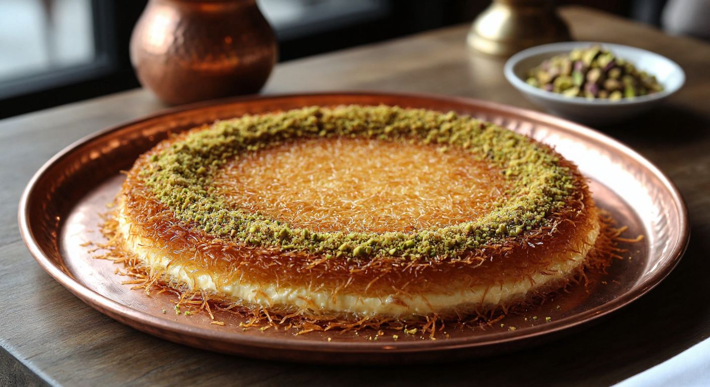 A golden, crispy künefe dessert with melted unsalted cheese stretching between layers of shredded kadayıf, served on a round copper tray with a side of crushed pistachios, evoking warmth and sweetness.