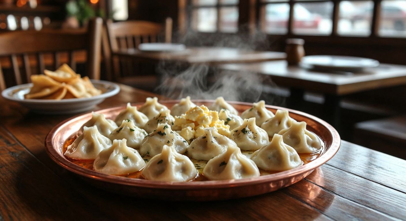 A steaming plate of small, delicate Kars mantısı dumplings topped with garlic yogurt and melted butter, served on a traditional Turkish copper tray in a cozy Anatolian kitchen with warm wooden furnishings.