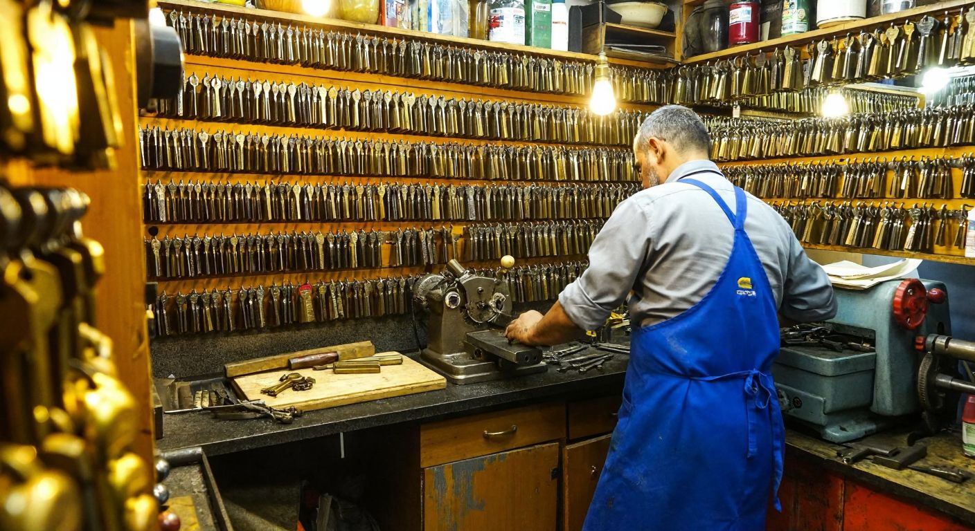 A bustling key-cutting shop in Kayseri, with a craftsman in a blue apron shaping a brass key, surrounded by rows of shiny keys and tools, under warm yellow lighting.