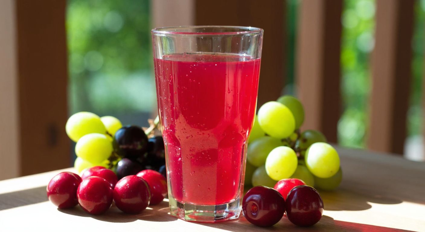 A vibrant glass of deep red cherry-plum juice with condensation on the sides, placed on a sunlit wooden table beside fresh cherries and grapes, evoking a refreshing Turkish summer.