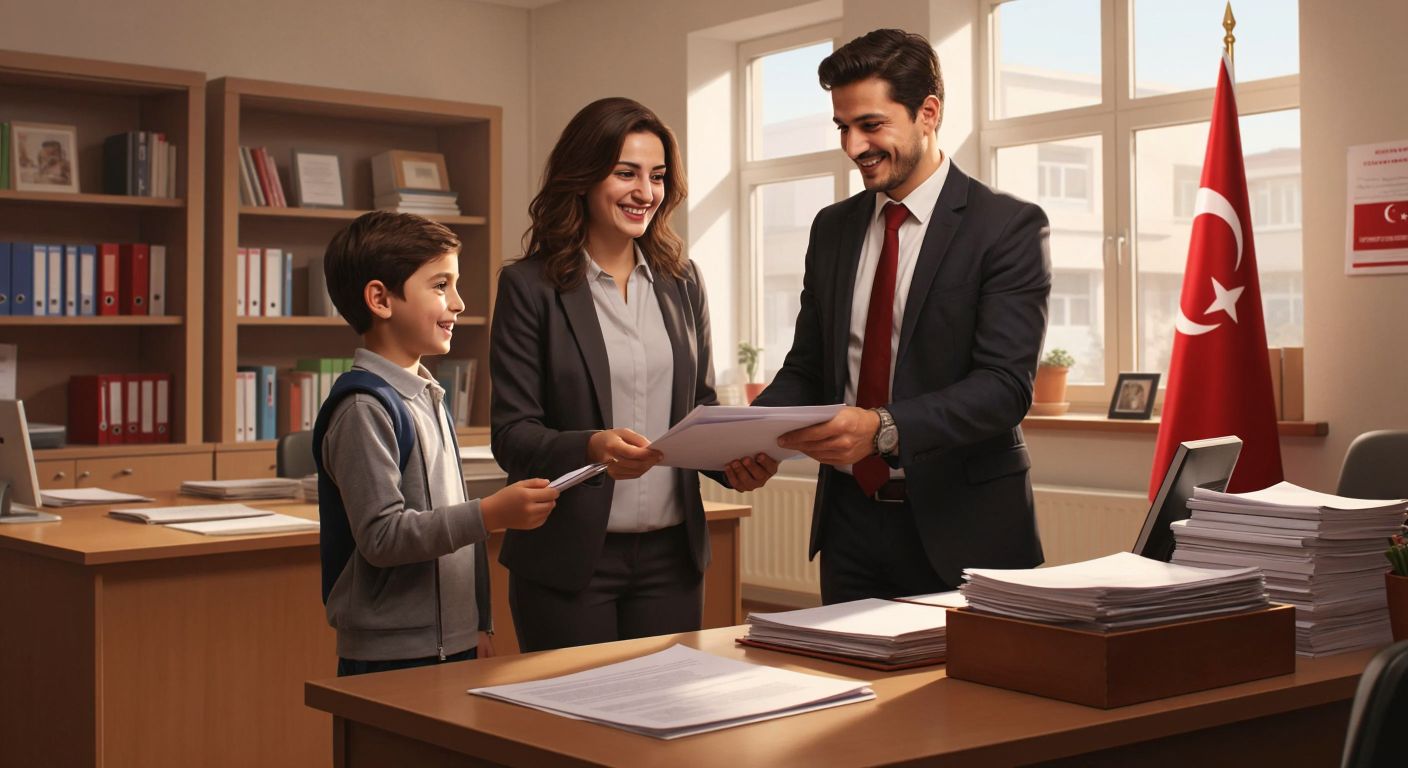 A Turkish parent and child standing in a school office, handing over documents to a smiling school administrator behind a desk, with a neat stack of papers and a small Turkish flag visible in the background.