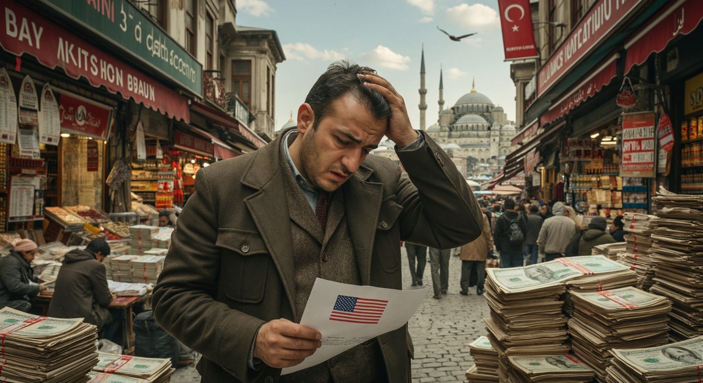 A puzzled Turkish man in a bustling Istanbul bazaar scratching his head while holding a document with an American flag stamp, surrounded by stacks of financial papers and a distant skyline of New York.