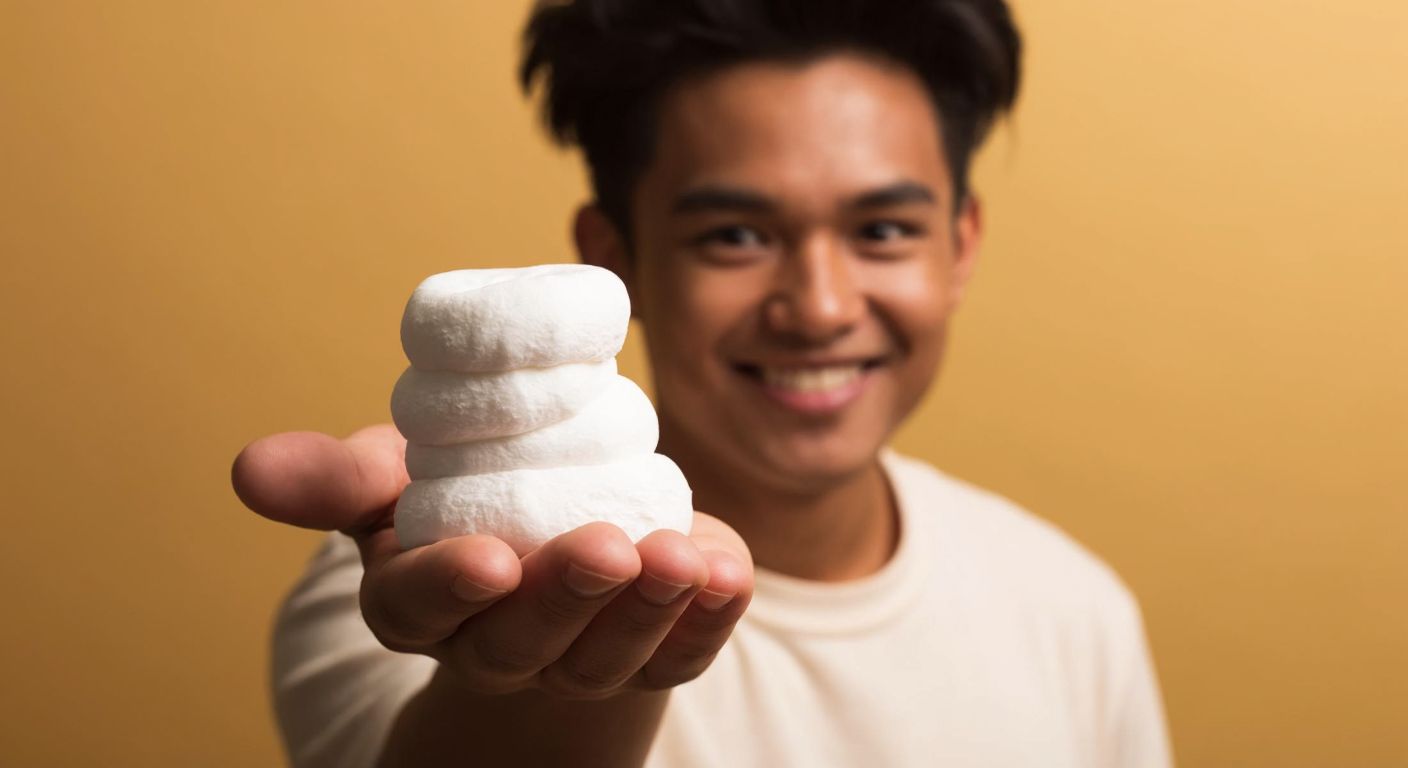 A hand holding a fluffy white marshmallow against a warm, golden background, with a curious smile on the person's face.