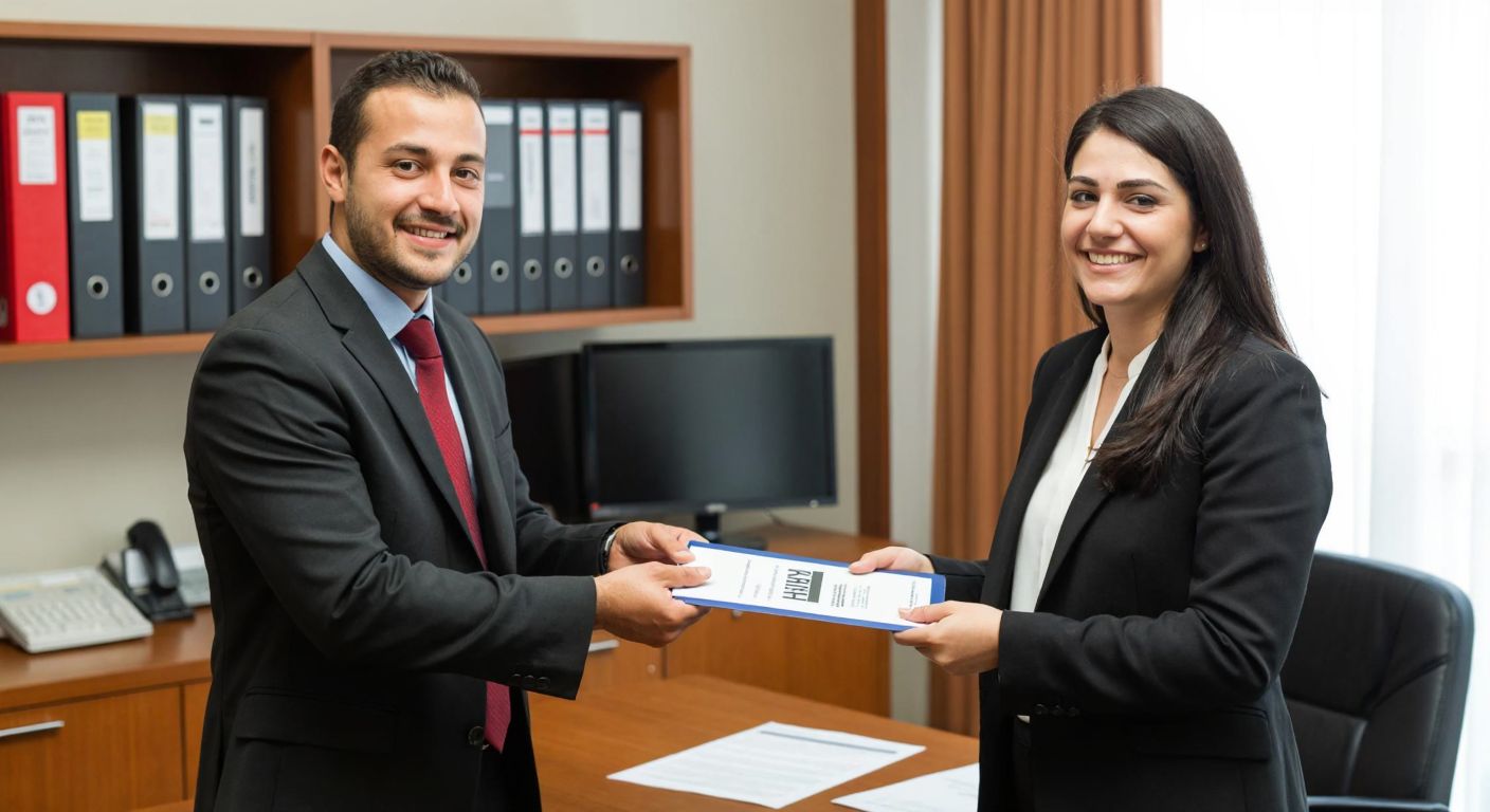 A Turkish employer in a formal office setting hands a document labeled "APHB" to a smiling employee, with a filing cabinet and a computer in the background.