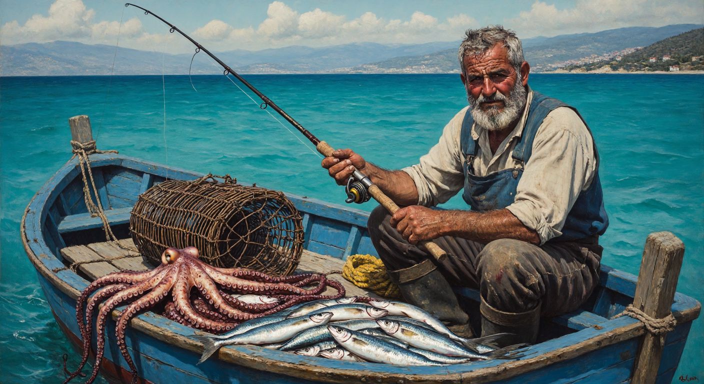 A weathered Turkish fisherman in a blue wooden boat holds a thick fishing rod with a squid-shaped lure, while a coiled octopus trap and fresh sardines lie on the deck against the backdrop of the Aegean Sea’s turquoise waters.
