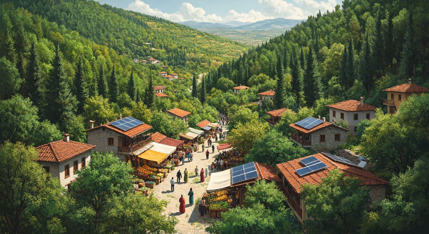 A vibrant Turkish landscape with lush green forests, a bustling local marketplace where diverse people exchange goods, and solar panels on rooftops, symbolizing environmental, social, and economic sustainability.