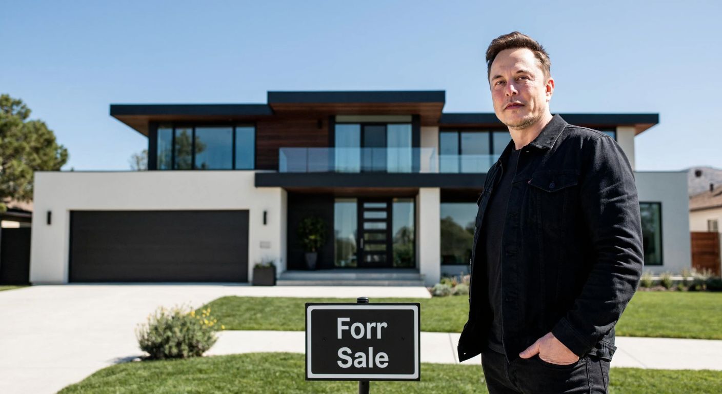 A minimalist modern mansion with a "For Sale" sign in front, while Elon Musk stands nearby in casual attire, looking contemplative with a slight smirk, under a clear blue sky.