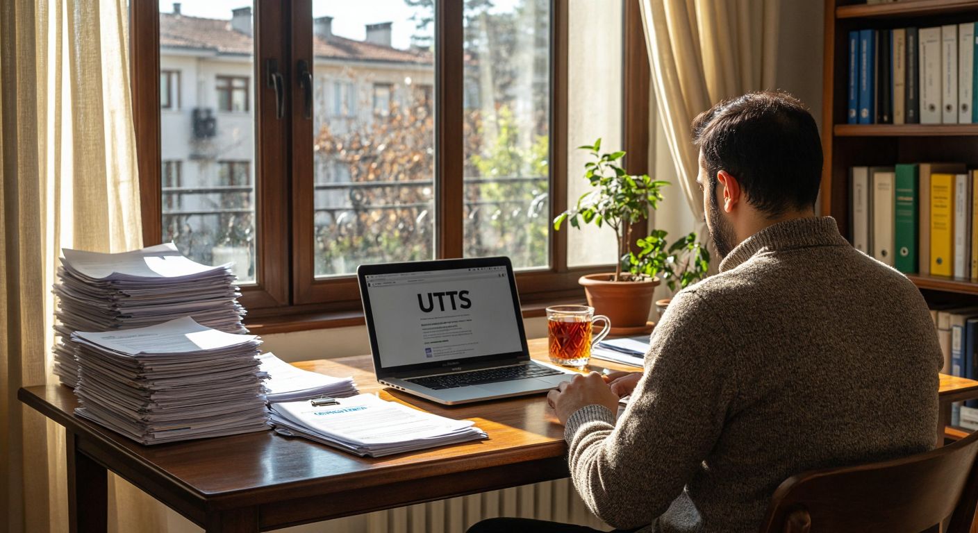 A focused Turkish citizen sits at a wooden desk with a laptop open to the UTTS website, surrounded by neatly stacked documents (tax plate, trade registry gazette, and ID photocopy), while sunlight streams through a window onto a steaming cup of Turkish tea.