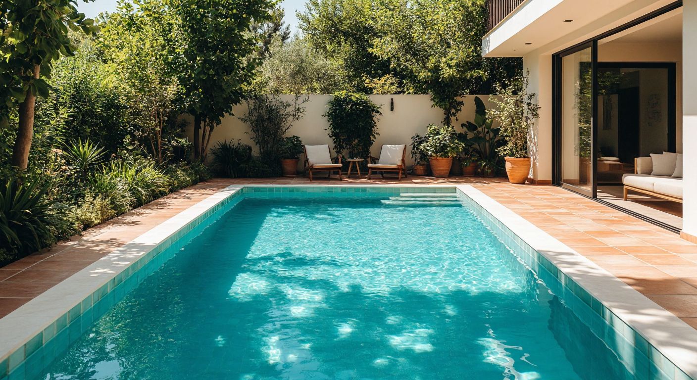 A sunlit turquoise swimming pool with smooth, glossy ceramic tiles lining its interior, surrounded by a terracotta-tiled patio and lush green plants, evoking a serene backyard oasis in Turkey.