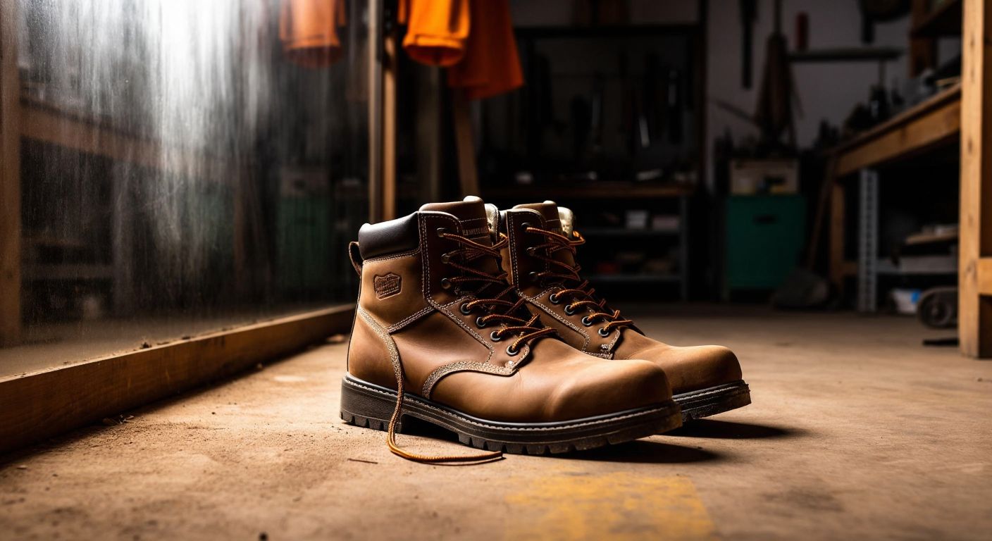 A sturdy pair of Italian-made steel-toe work boots placed on a wooden workshop floor in Turkey, with a faint reflection of a craftsman’s hands in the background.