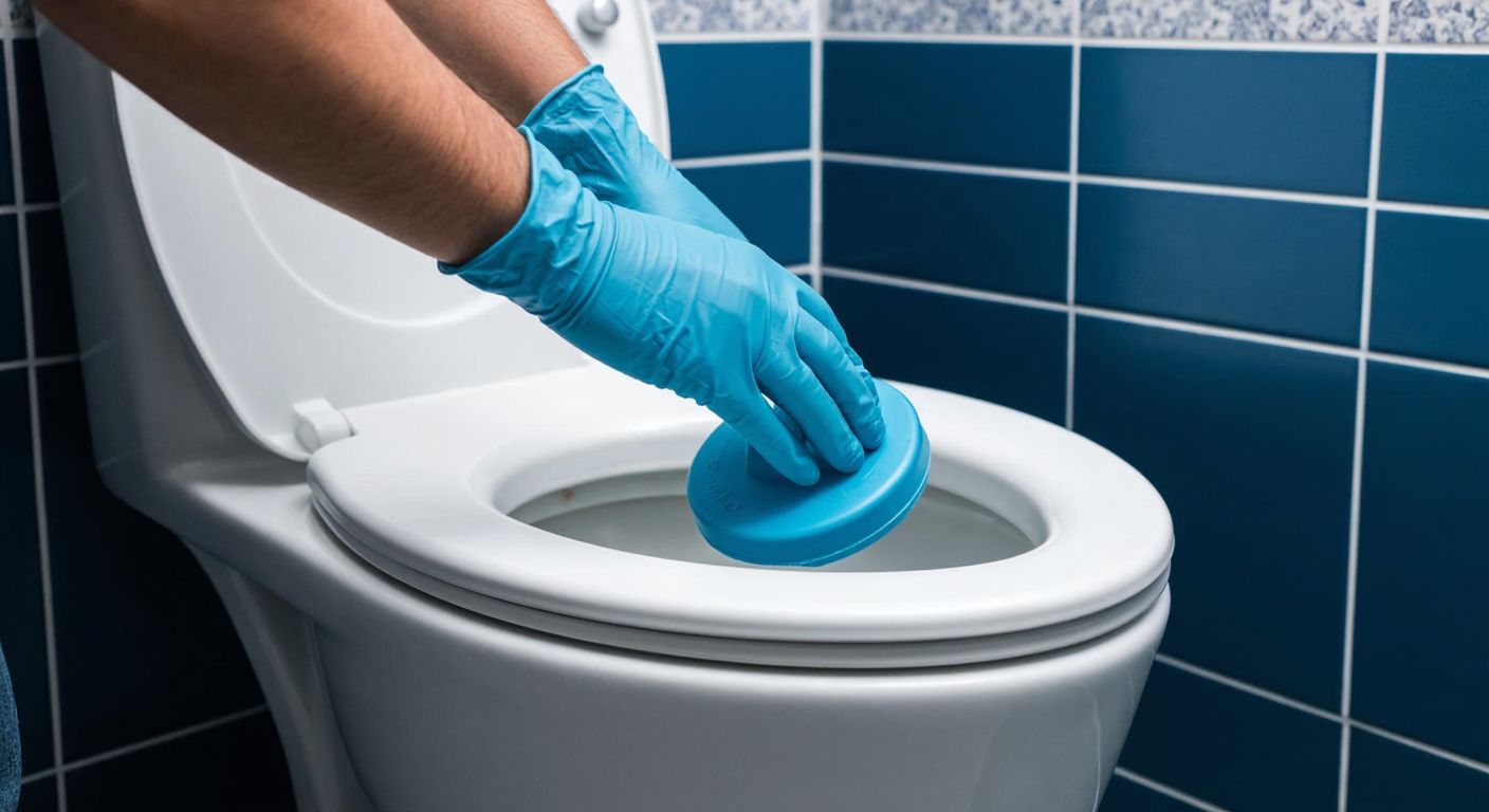 A person in a Turkish bathroom wearing rubber gloves, carefully placing a blue toilet block inside a white toilet tank with one hand while holding the tank lid in the other.