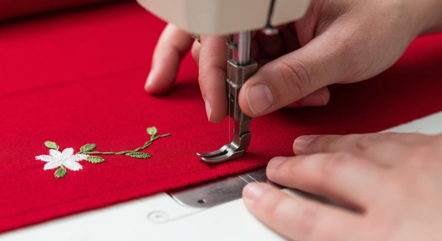 A close-up of a Turkish textile worker’s hands skillfully guiding vibrant red fabric under the needle of a chain stitch machine, with neatly coiled threads and a partially stitched floral pattern visible.