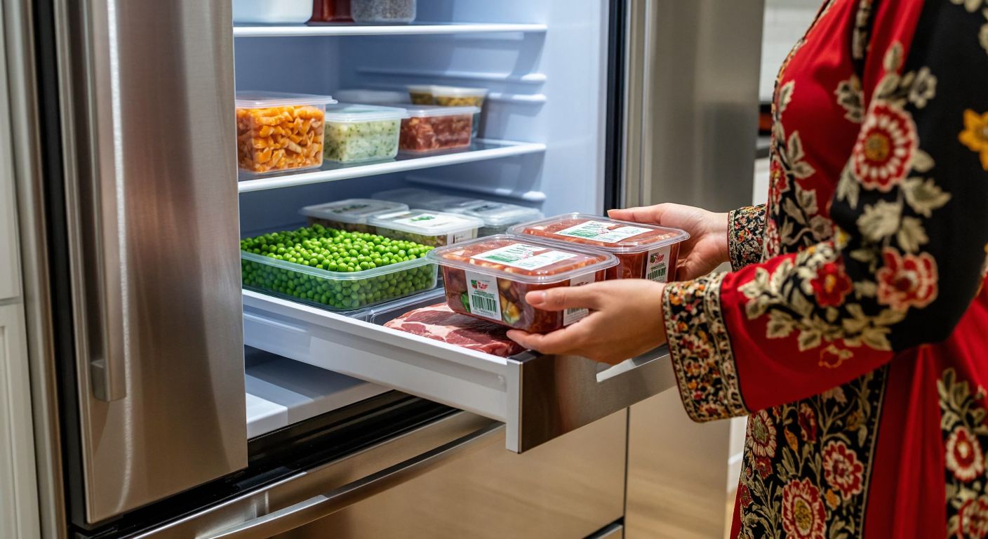 A modern Turkish kitchen with a stainless steel refrigerator, its bottom freezer drawer slightly open, revealing neatly stacked frozen food packages like bags of peas, meat trays, and ice cream boxes, while a hand in a traditional floral-patterned sleeve reaches inside.