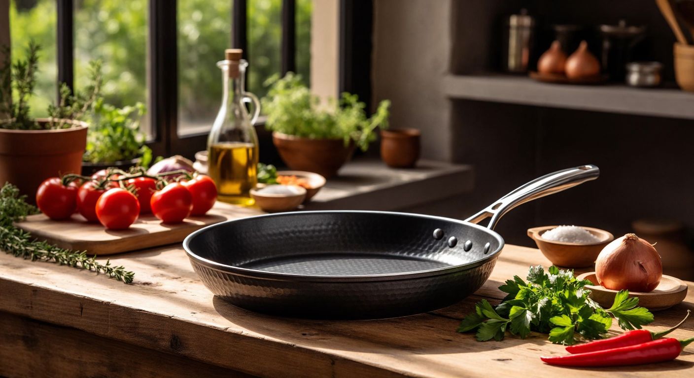 A sturdy, hammered metal Masterkoch frying pan with a glossy black finish sits on a rustic wooden table in a sunlit Turkish kitchen, surrounded by fresh vegetables and olive oil.