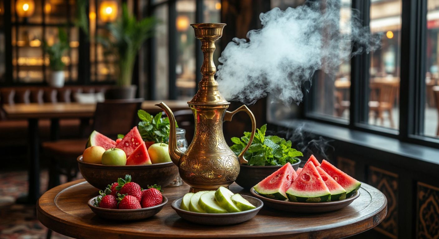 A cozy Turkish café with a low wooden table holding a gleaming brass nargile, surrounded by small bowls of fresh apples, mint leaves, watermelon slices, strawberries, and melon, with fragrant smoke curling lazily into the air.