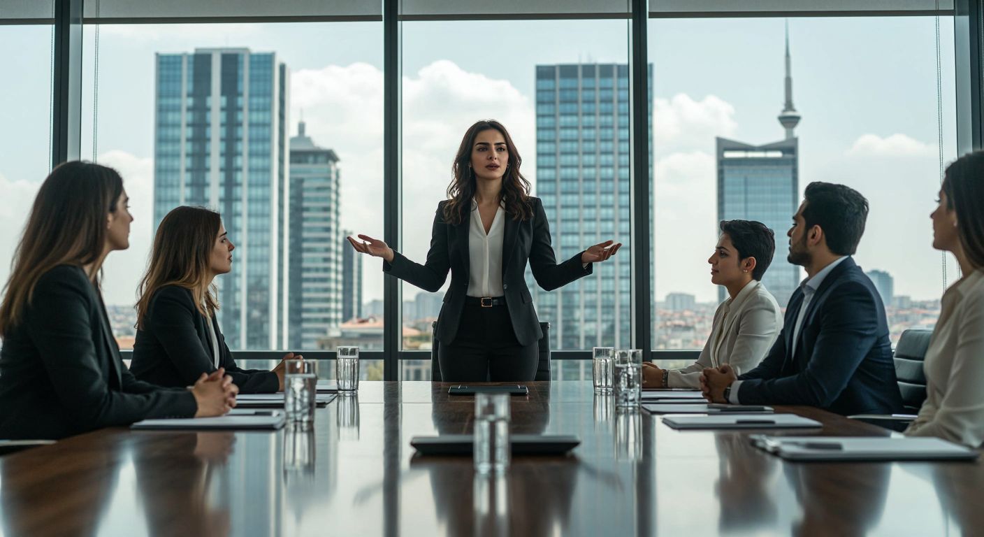 A confident Turkish woman in a tailored business suit stands at the head of a polished conference table in a modern Istanbul office, gesturing assertively while addressing a diverse group of professionals, with a skyline of high-rise buildings visible through the floor-to-ceiling windows behind her.