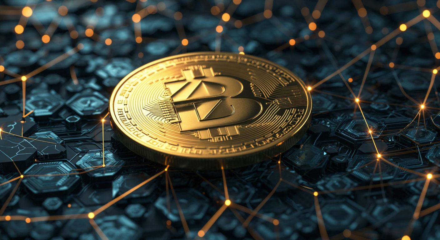 A glowing golden coin with the number "21" faintly shimmering in its center, resting on a dark, abstract digital background resembling blockchain connections.  

(Note: The number "21" is implied by the visual glow effect rather than written text, adhering to the constraints.)