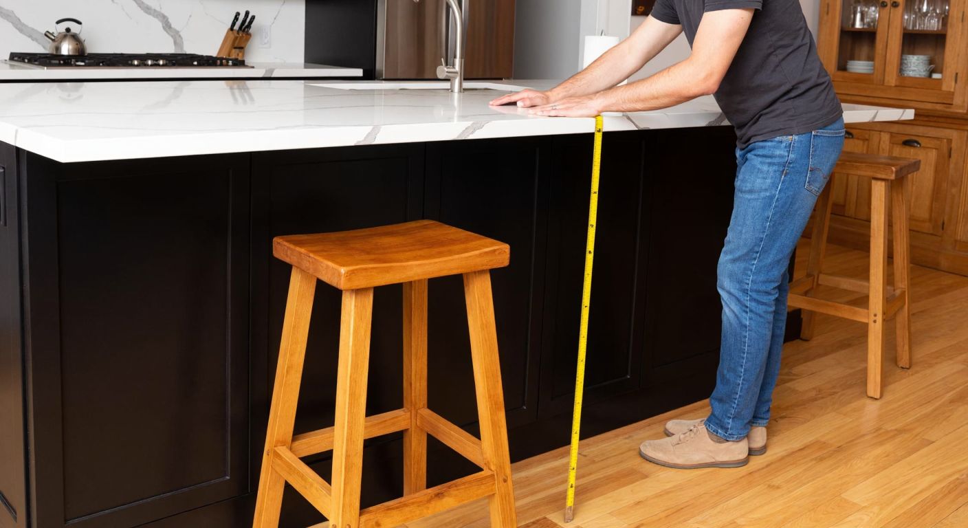A person in a Turkish kitchen carefully measuring the height of a wooden bar stool against a marble countertop with a tape measure, while another stool stands nearby.