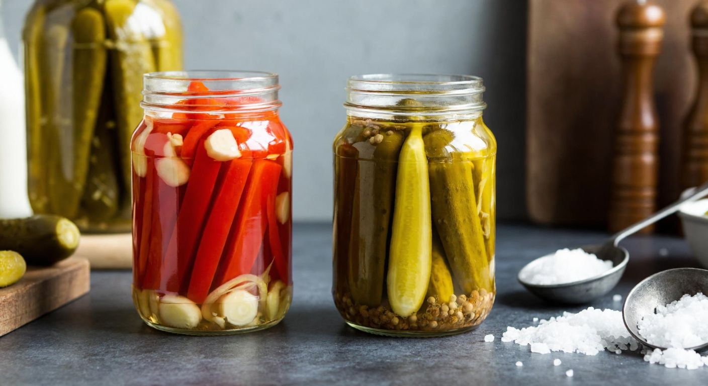 A rustic Turkish kitchen counter with two glass jars of pickles—one containing crisp, vibrant vegetables in clear brine (proper mineral balance) and the other with wilted, discolored vegetables in cloudy brine (imbalance), surrounded by scattered salt crystals and metal utensils hinting at mineral contamination.