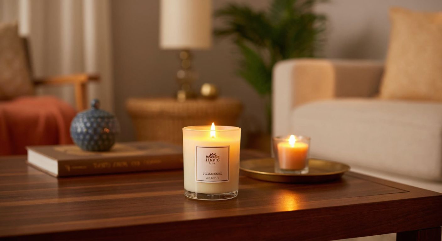 A warmly lit Turkish living room with an LCW jasmine-scented decorative candle glowing on a wooden coffee table, filling the space with a serene, golden ambiance.
